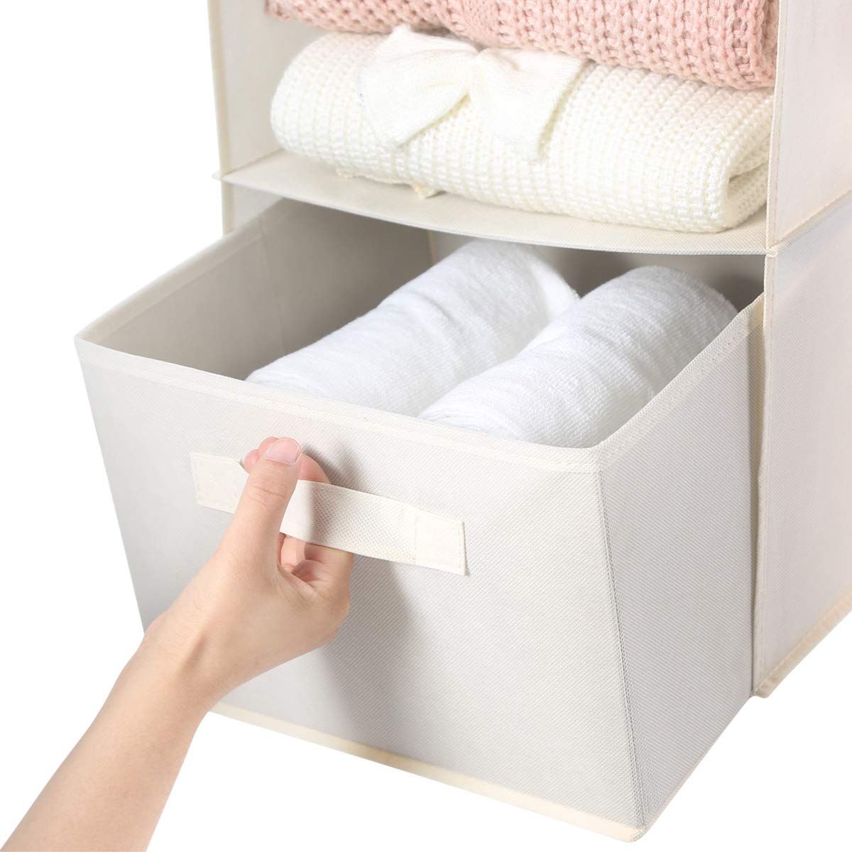 Max Houser 4-Shelf Hanging Closet Organizer, Space Saver, Cloth Hanging Shelves With 2 Side Pockets, Foldable (Beige)